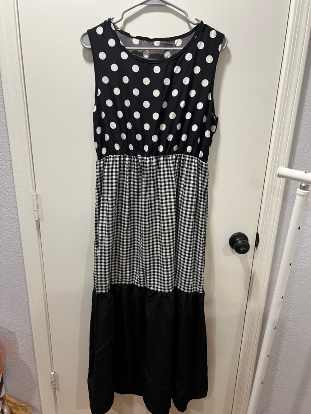 Original Use Black and White Polka Dot and Gingham Maxi Dress